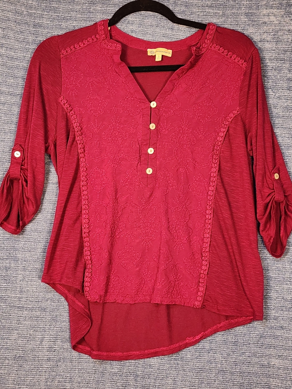 Women's Embroidered Henley Top - Maroon